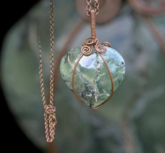 Prehnite Heart Copper Wrap Pendant