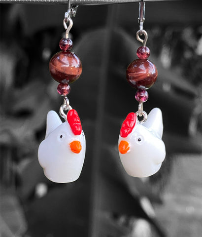 Handcrafted Chicken & Gemstone Earrings