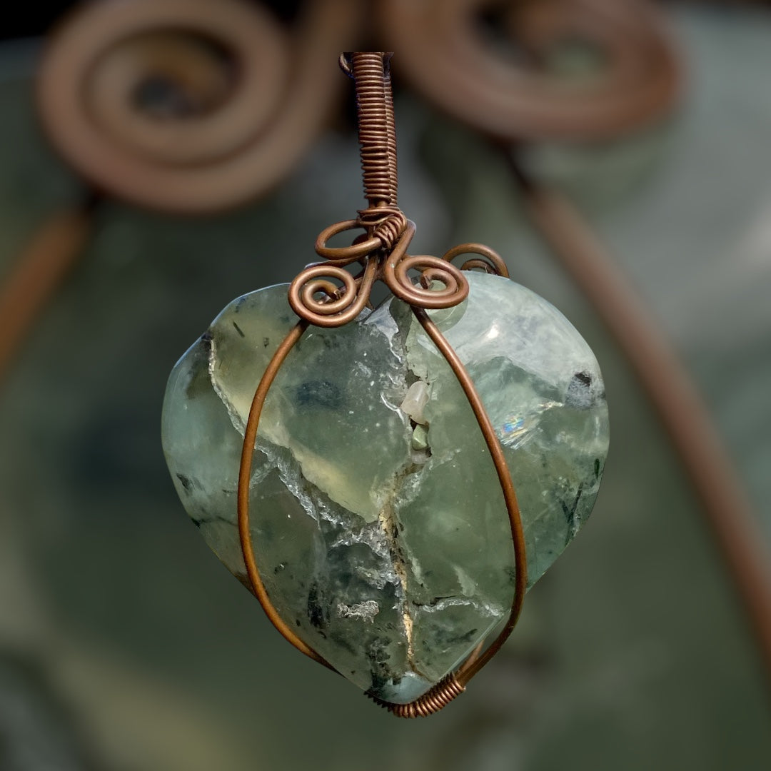 Prehnite Heart Copper Wrap Pendant