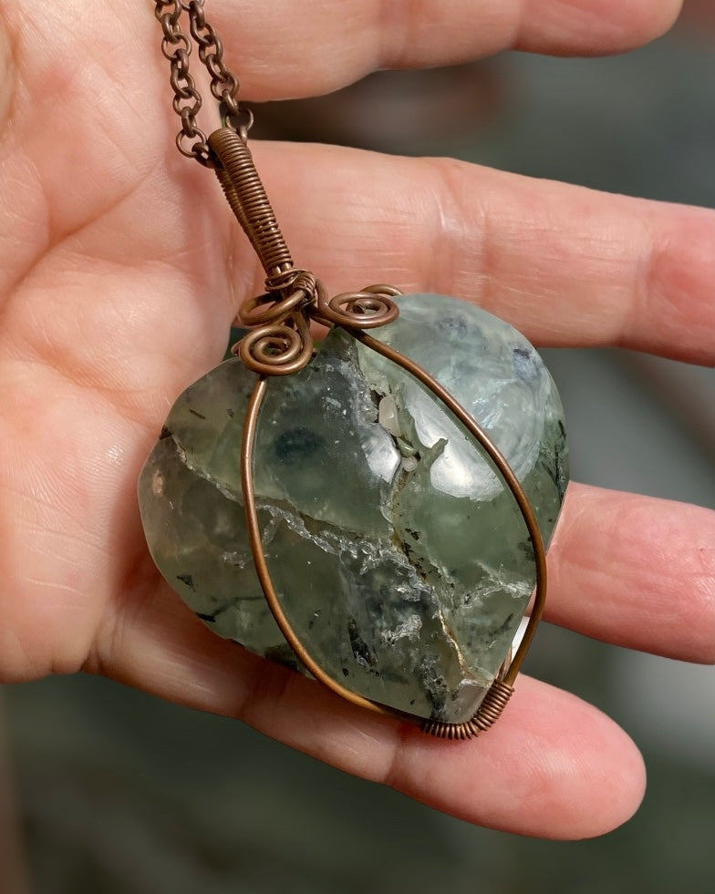 Prehnite Heart Copper Wrap Pendant