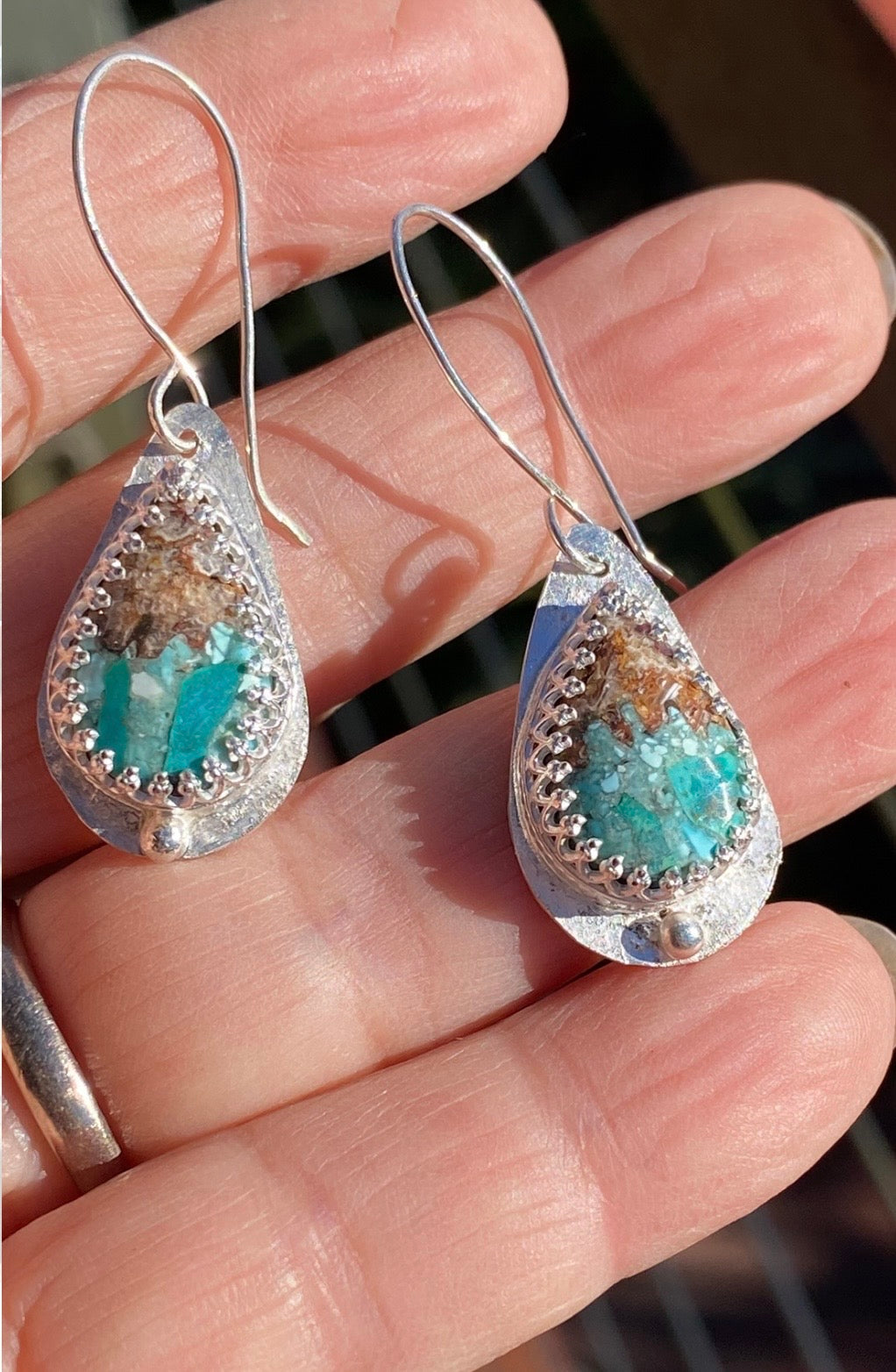 HANDMADE BACON OPAL & TURQUOISE STERLING SILVER EARRINGS