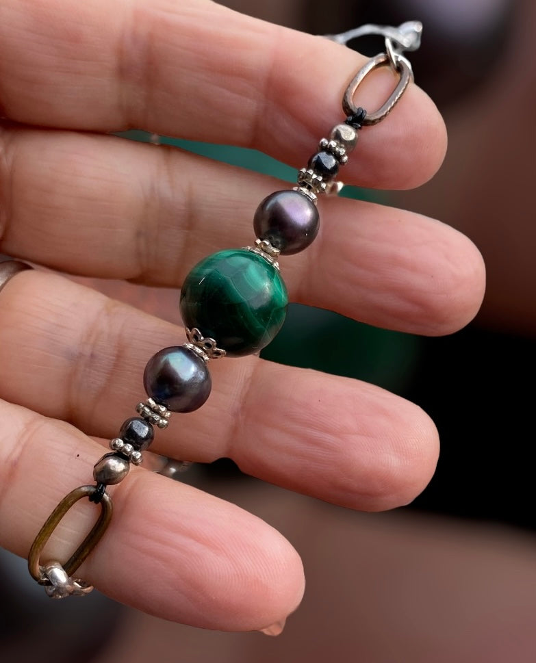 Handmade Malachite and Black Pearl Pendant