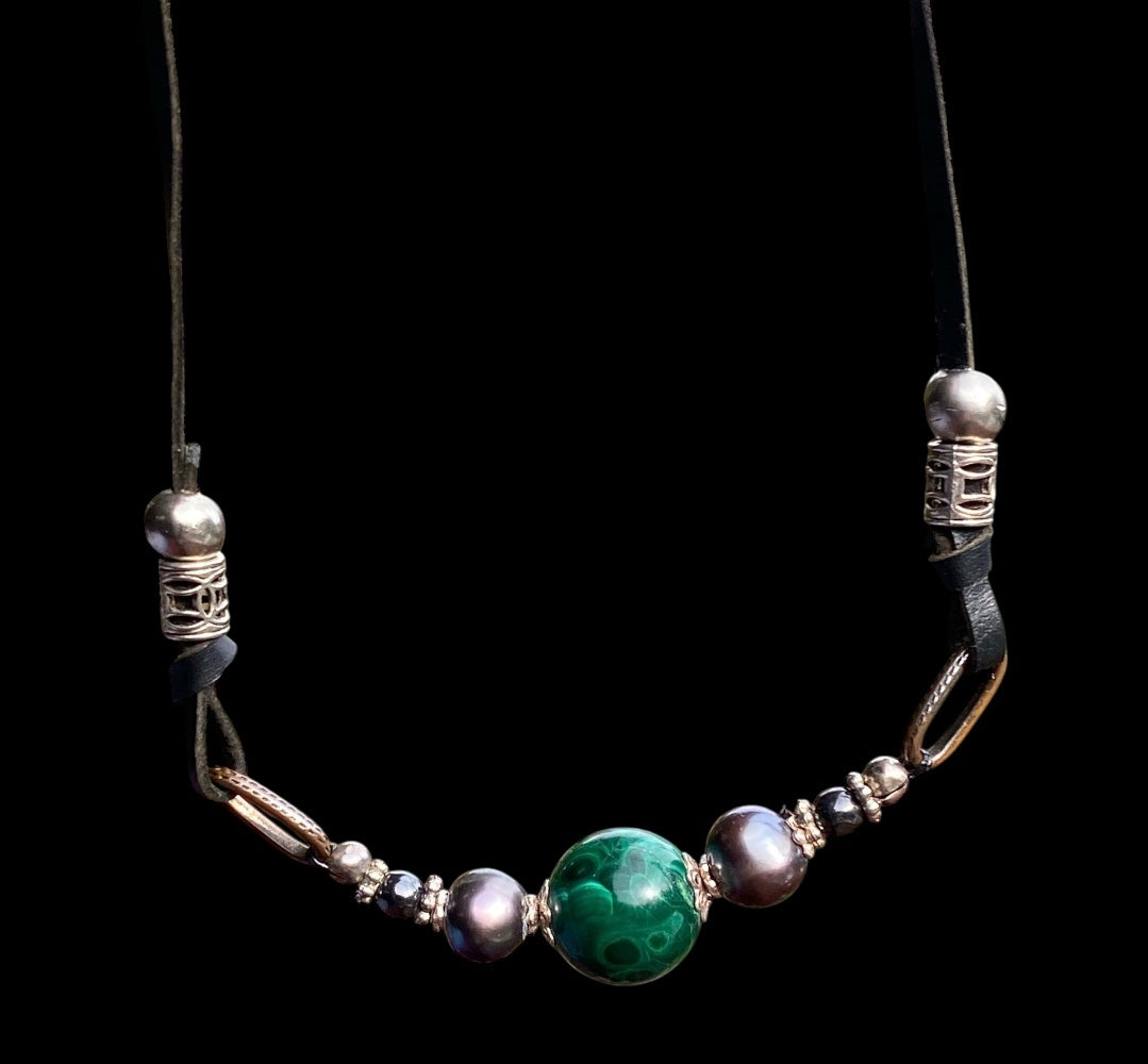 Handmade Malachite and Black Pearl Pendant