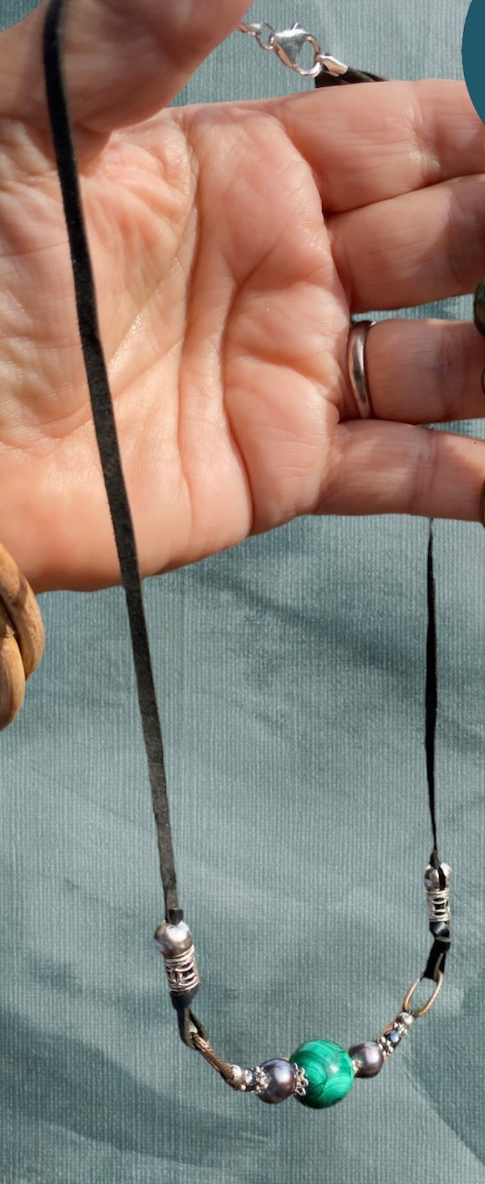 Handmade Malachite and Black Pearl Pendant