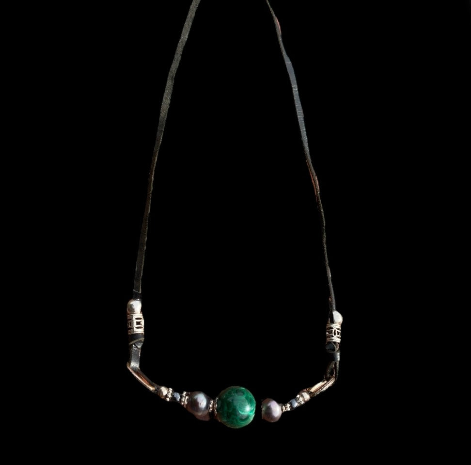 Handmade Malachite and Black Pearl Pendant