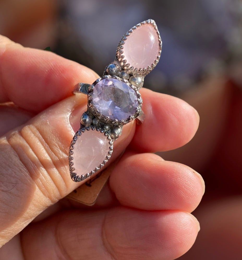 Handmade Rose Quartz & Amethyst Sterling Silver Triple Stone Ring