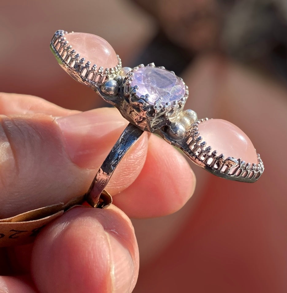 Handmade Rose Quartz & Amethyst Sterling Silver Triple Stone Ring