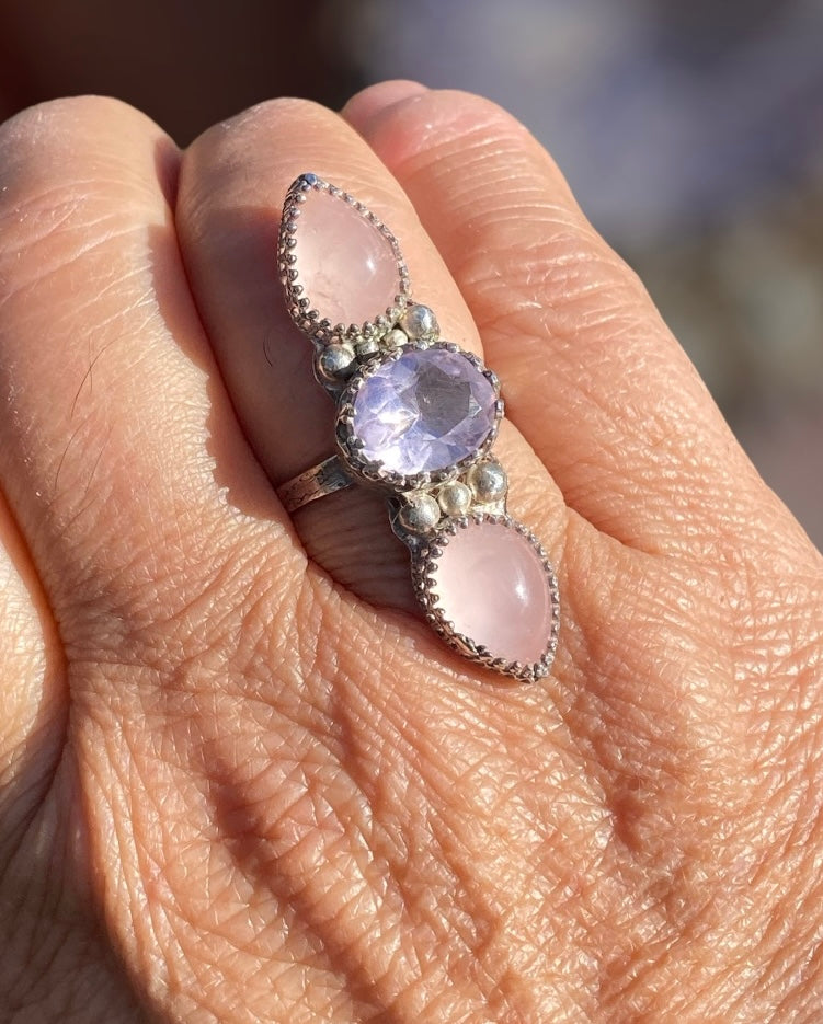 Handmade Rose Quartz & Amethyst Sterling Silver Triple Stone Ring
