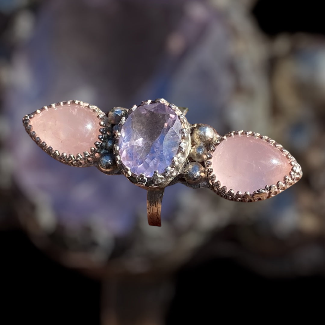 Handmade Rose Quartz & Amethyst Sterling Silver Triple Stone Ring