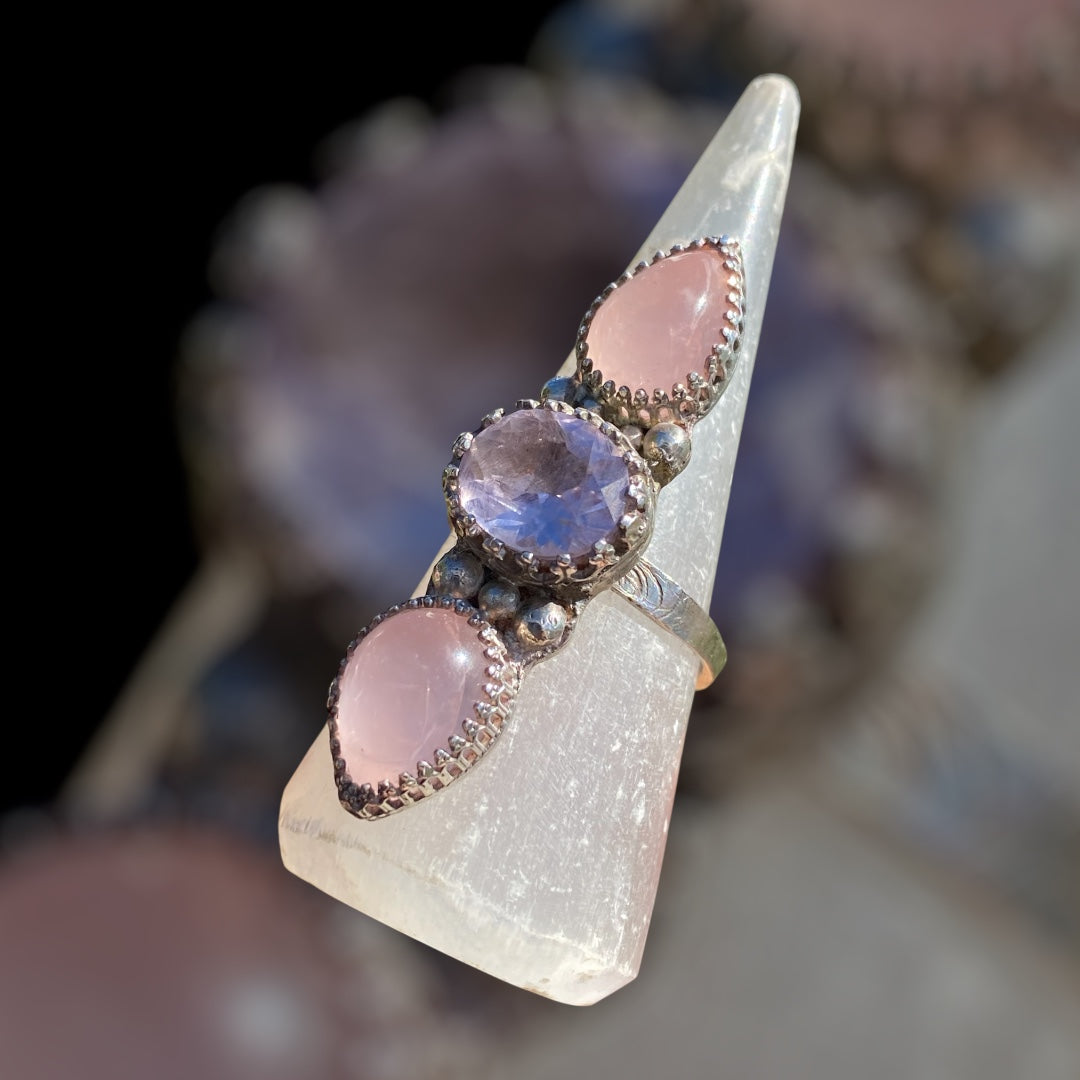 Handmade Rose Quartz & Amethyst Sterling Silver Triple Stone Ring