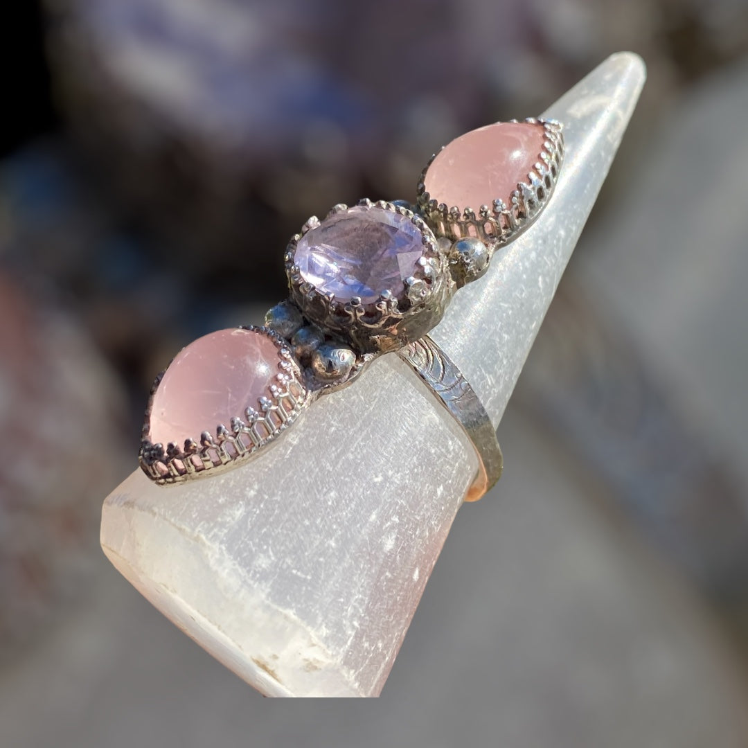 Handmade Rose Quartz & Amethyst Sterling Silver Triple Stone Ring
