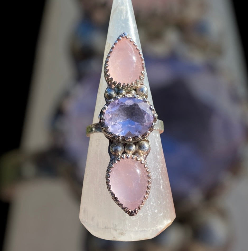 Handmade Rose Quartz & Amethyst Sterling Silver Triple Stone Ring