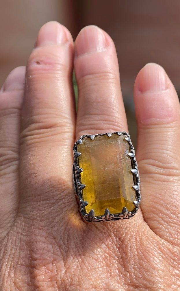 Flamboyant Natural Yellow Fluorite EMF Protection Cocktail Ring sold