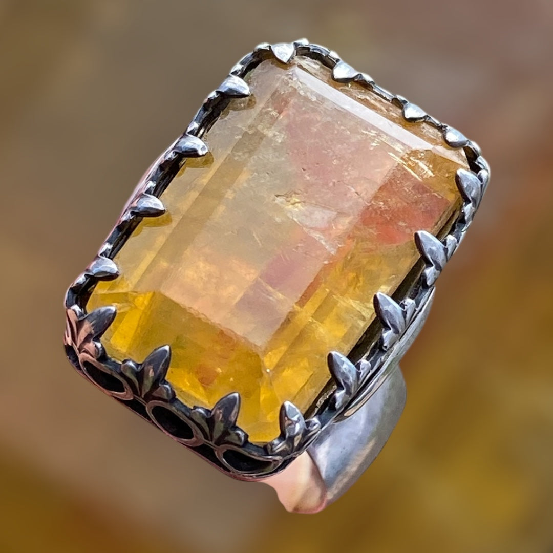 Flamboyant Natural Yellow Fluorite EMF Protection Cocktail Ring sold