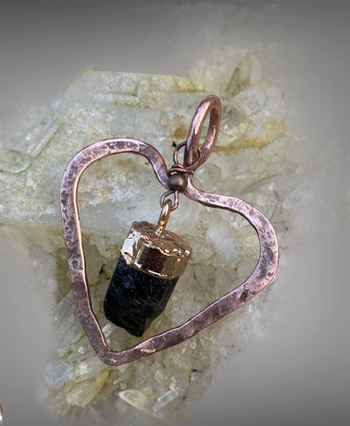 Copper and Raw Black Tourmaline Heart Pendant