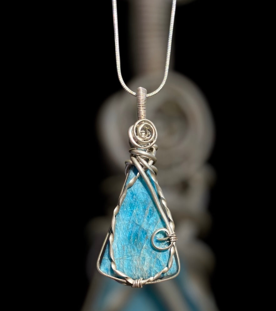 Handmade Blue Apatite Silver Wire Wrap Pendant