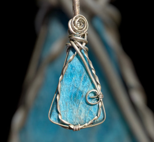 Handmade Blue Apatite Silver Wire Wrap Pendant