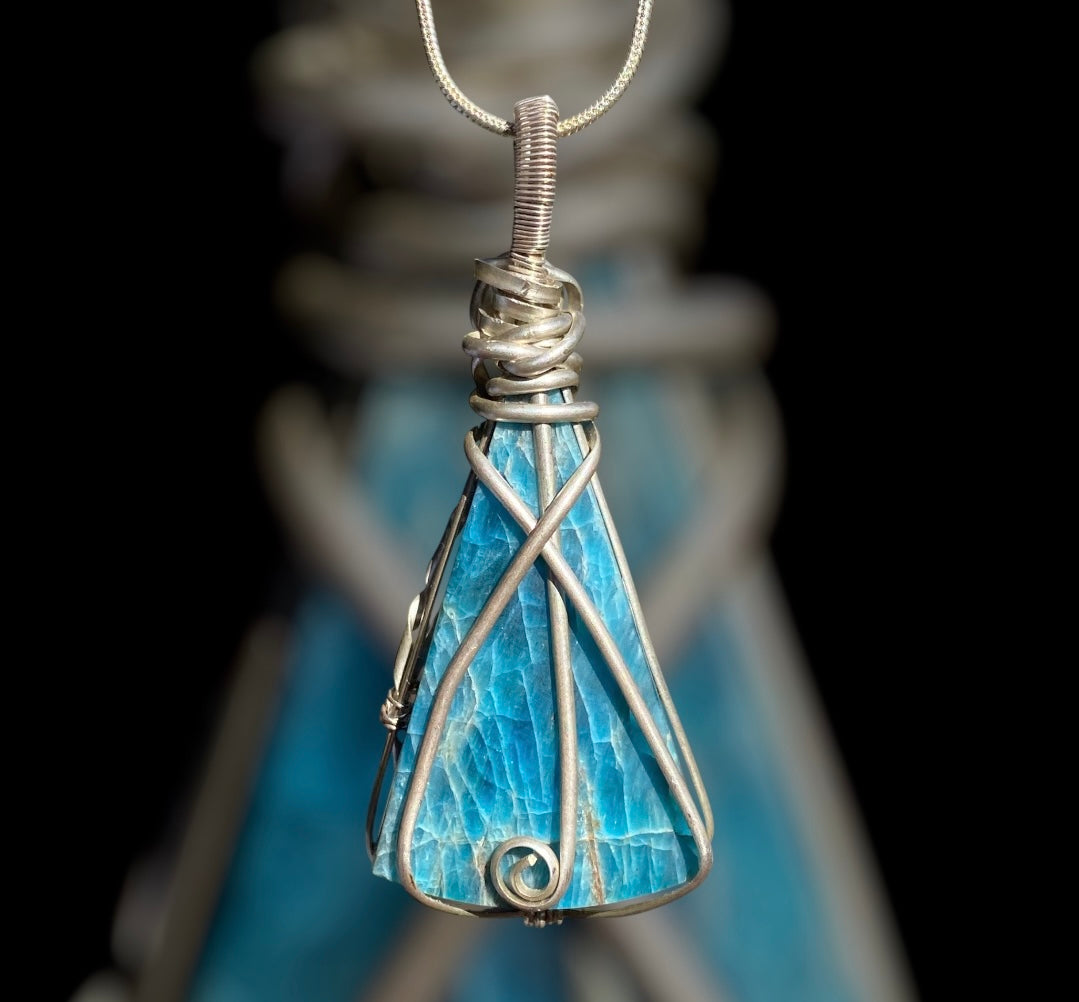 Handmade Blue Apatite Silver Wire Wrap Pendant