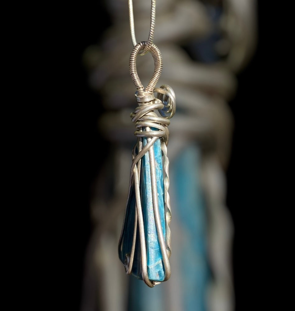Handmade Blue Apatite Silver Wire Wrap Pendant