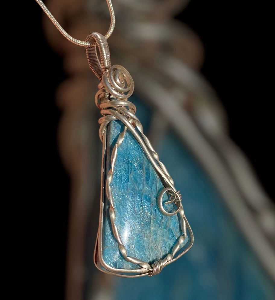 Handmade Blue Apatite Silver Wire Wrap Pendant