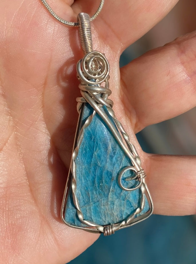 Handmade Blue Apatite Silver Wire Wrap Pendant