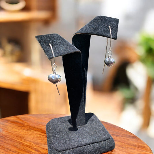 Handmade Sterling Silver Puffy Heart Thread Earrings