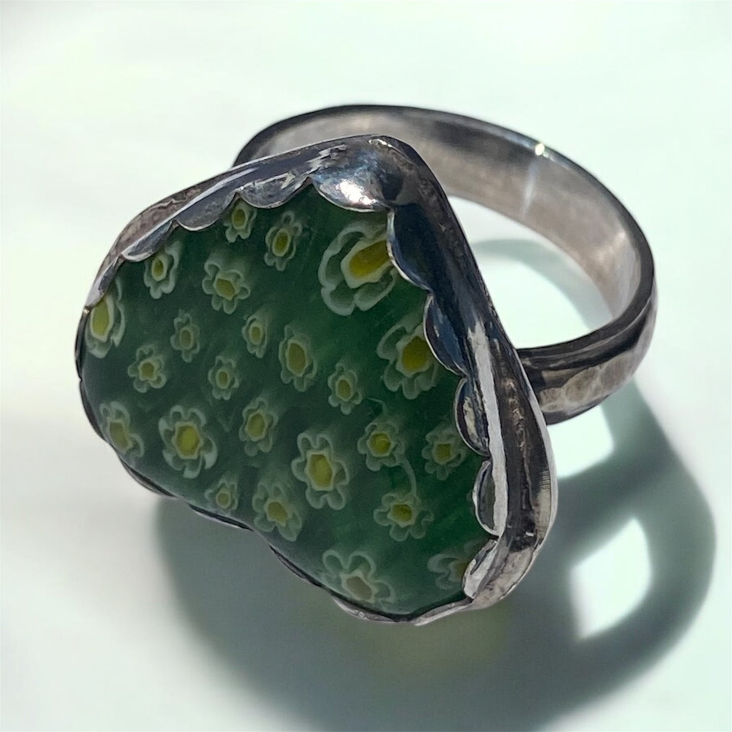 Handmade Millefiori Green Glass Heart Ring