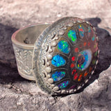Hand Fabricated Evil Eye Ammonite Silver Ring