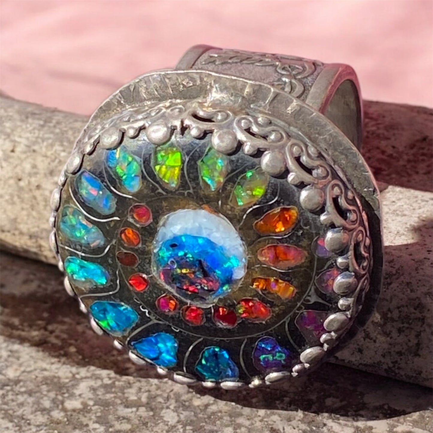 Hand Fabricated Evil Eye Ammonite Silver Ring