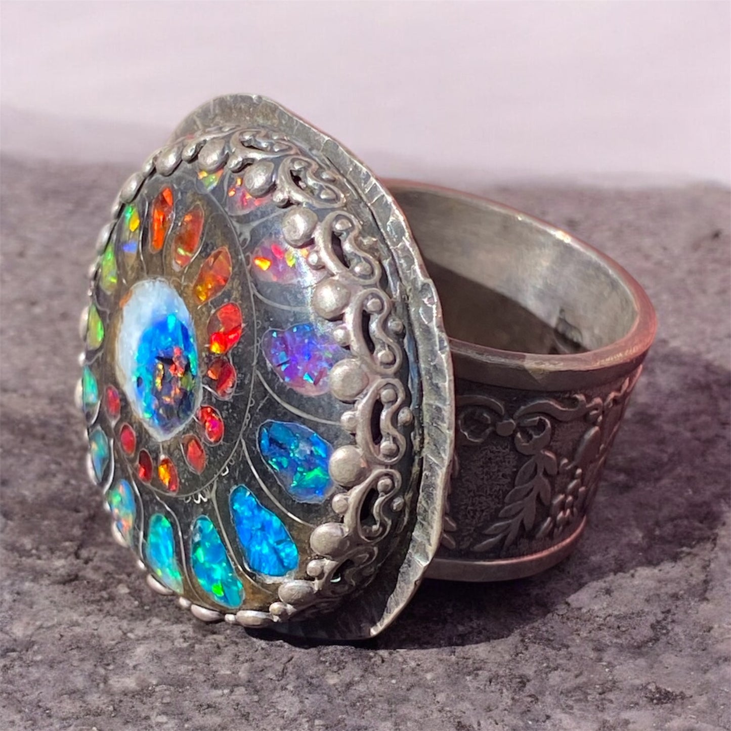 Hand Fabricated Evil Eye Ammonite Silver Ring