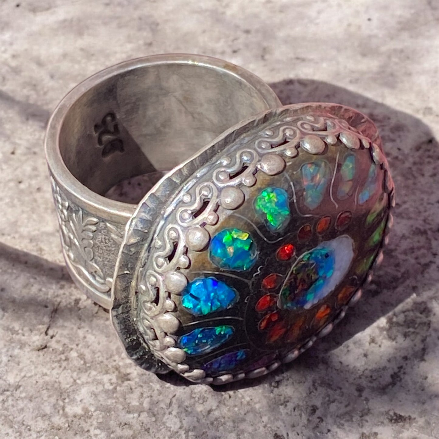 Hand Fabricated Evil Eye Ammonite Silver Ring