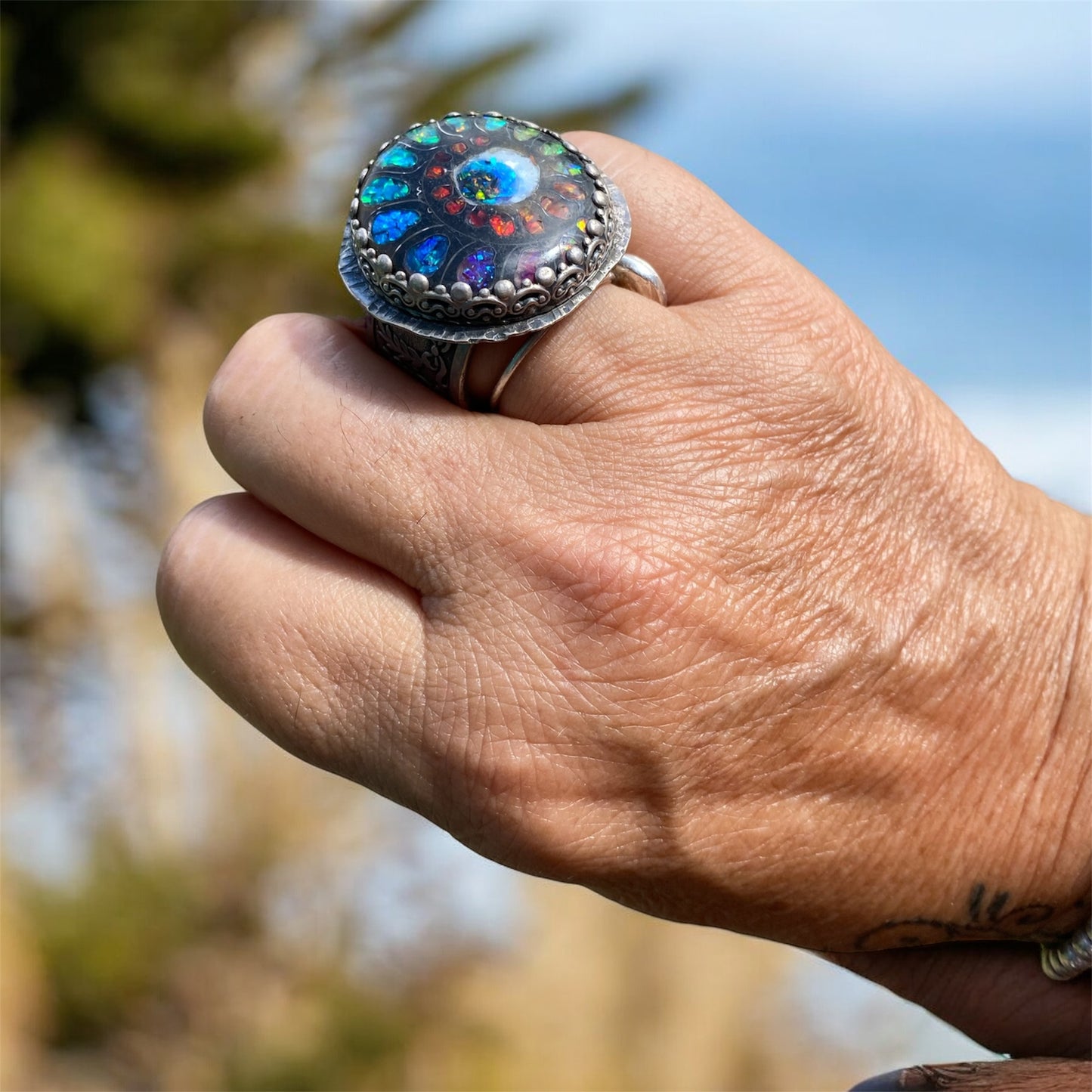 Hand Fabricated Evil Eye Ammonite Silver Ring