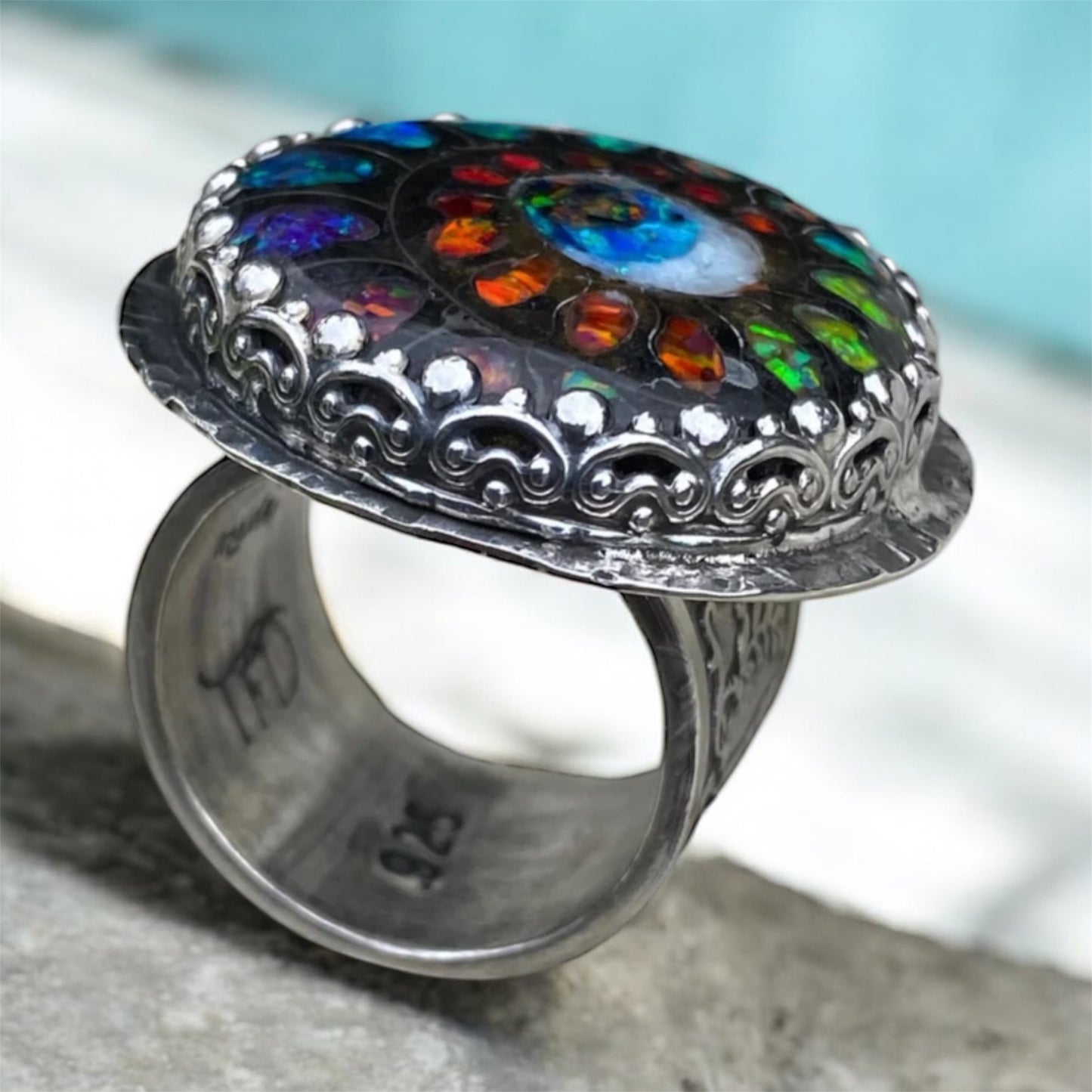 Hand Fabricated Evil Eye Ammonite Silver Ring