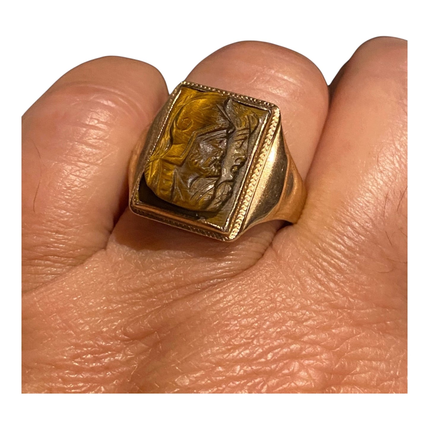 Vintage 10K Gold Tiger’s Eye Cameo Ring Napoleon & Josephine Size 10 Men’s Statement Ring