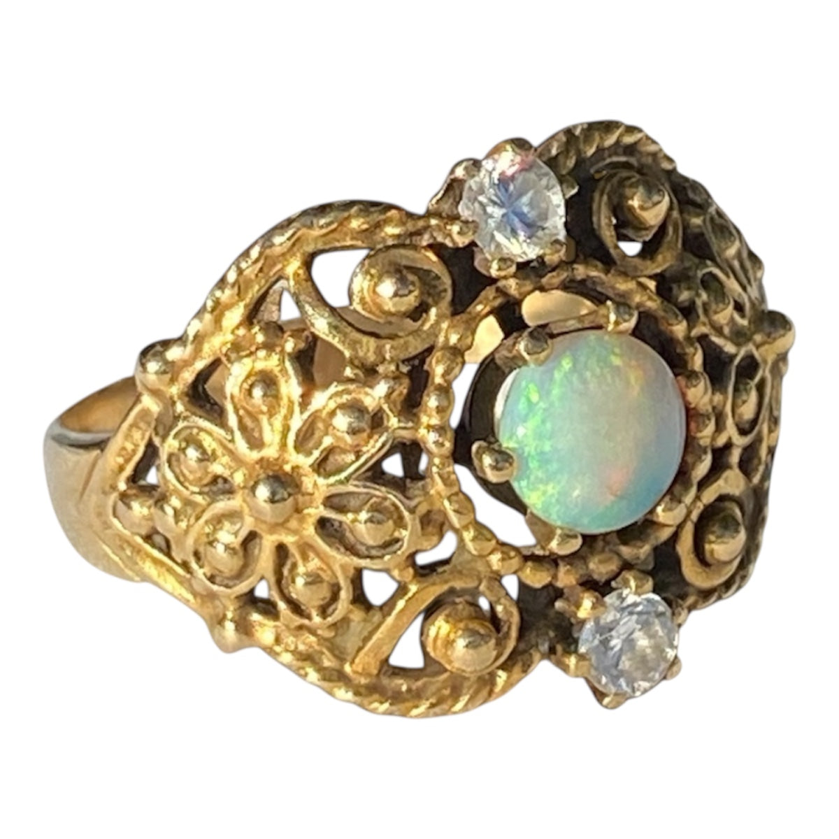 Art Deco Solid Australian Opal & Diamond Ring – 14K Gold