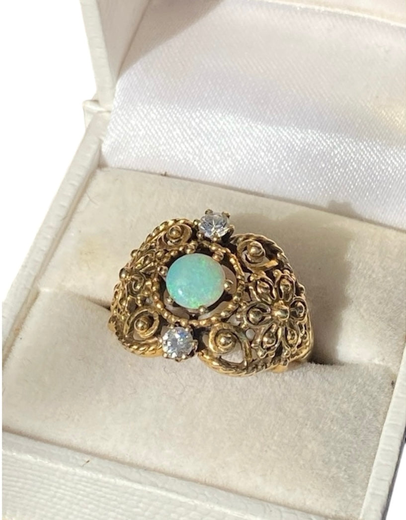 Art Deco Solid Australian Opal & Diamond Ring – 14K Gold