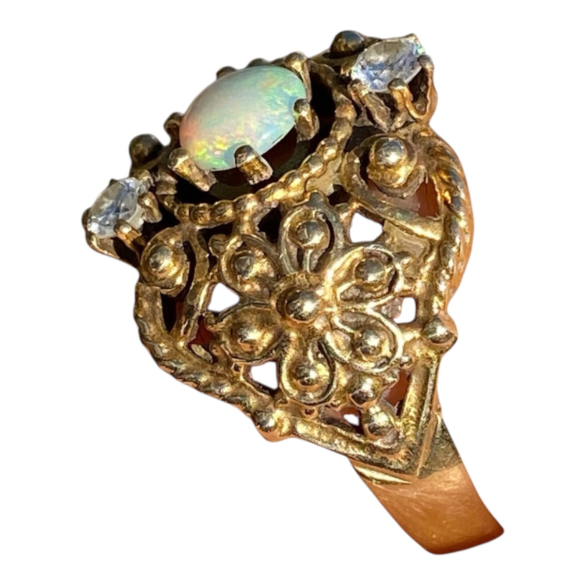 Art Deco Solid Australian Opal & Diamond Ring – 14K Gold