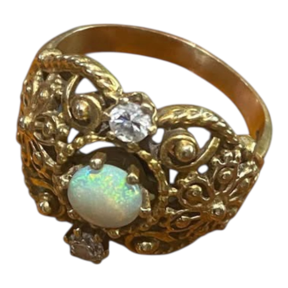 Art Deco Solid Australian Opal & Diamond Ring – 14K Gold