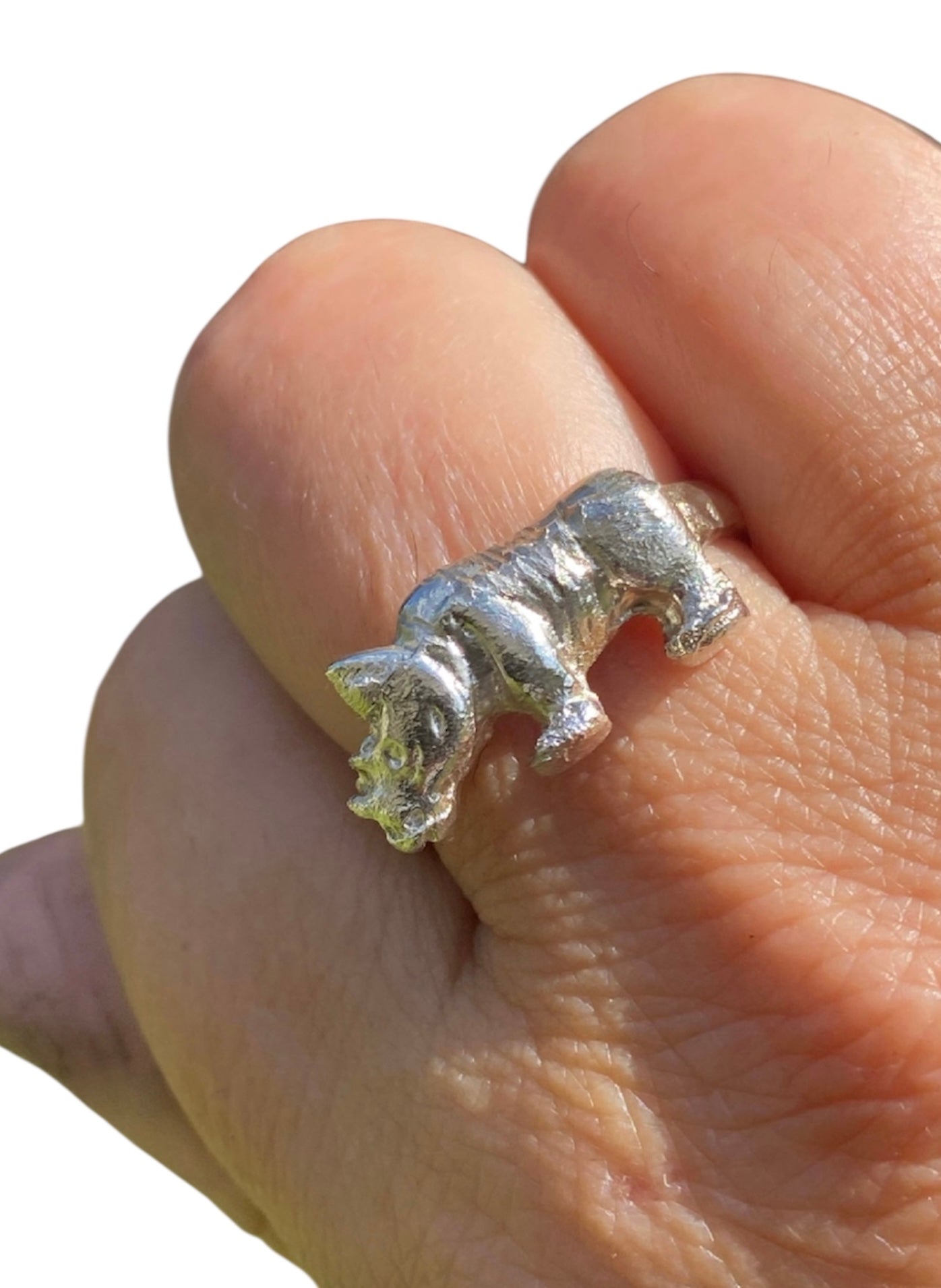 Handcrafted Sterling Silver Rhino Ring – Sand Cast One-of-a-Kind Rhino Ring – Oxidised Silver Animal Ring – Size 10