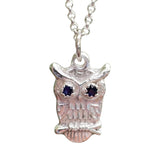 Handcrafted Sterling Silver Owl Pendant Necklace with Faceted Blue Sapphires