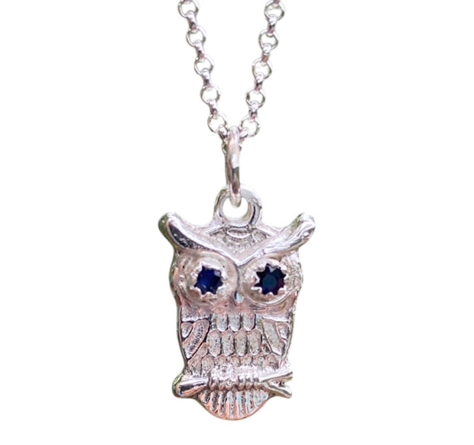Handcrafted Sterling Silver Owl Pendant Necklace with Faceted Blue Sapphires