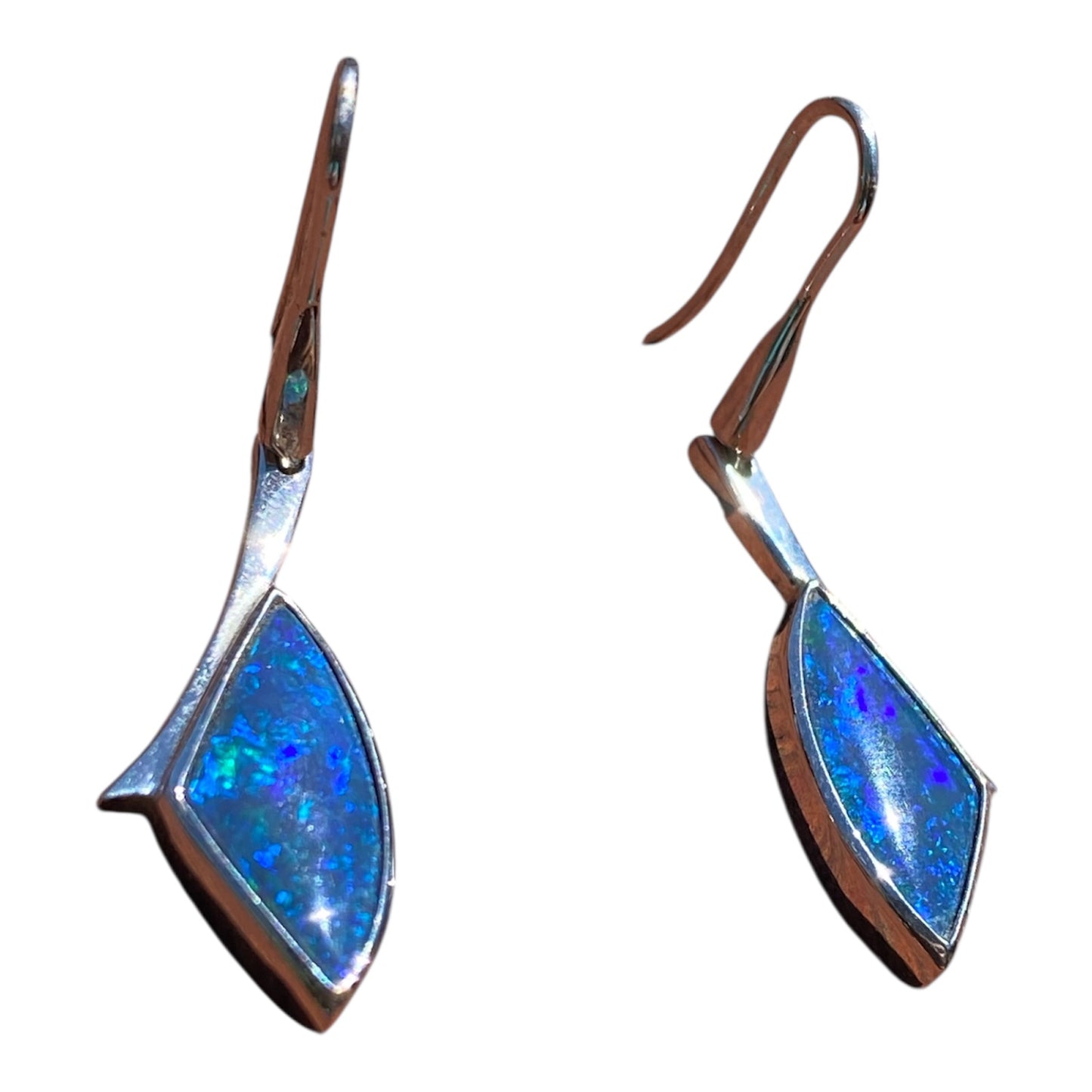 Lightning Ridge Black Opal Articulated Drop Earrings 18K White Gold 6.52ct Natural Australian Opal