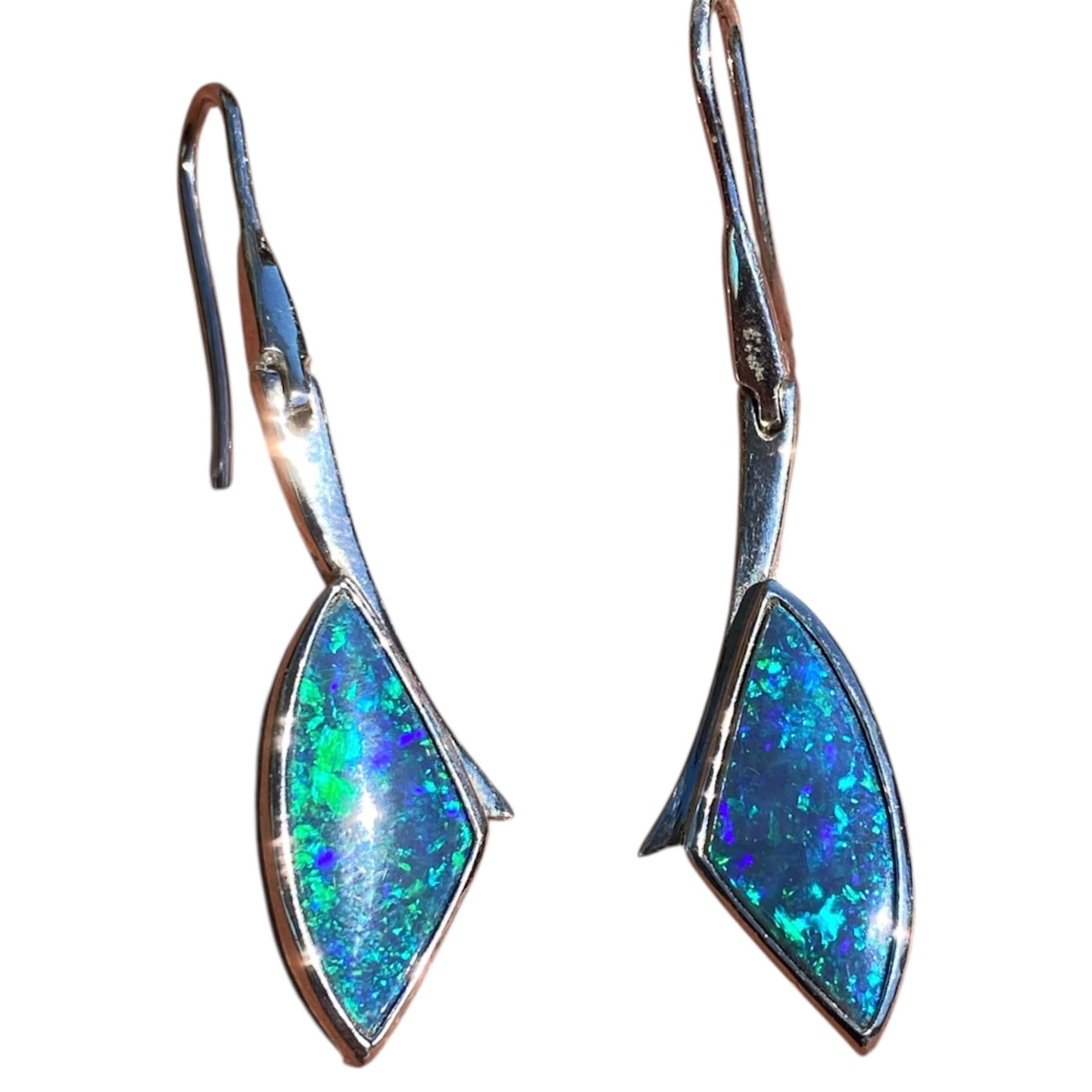 Lightning Ridge Black Opal Articulated Drop Earrings 18K White Gold 6.52ct Natural Australian Opal