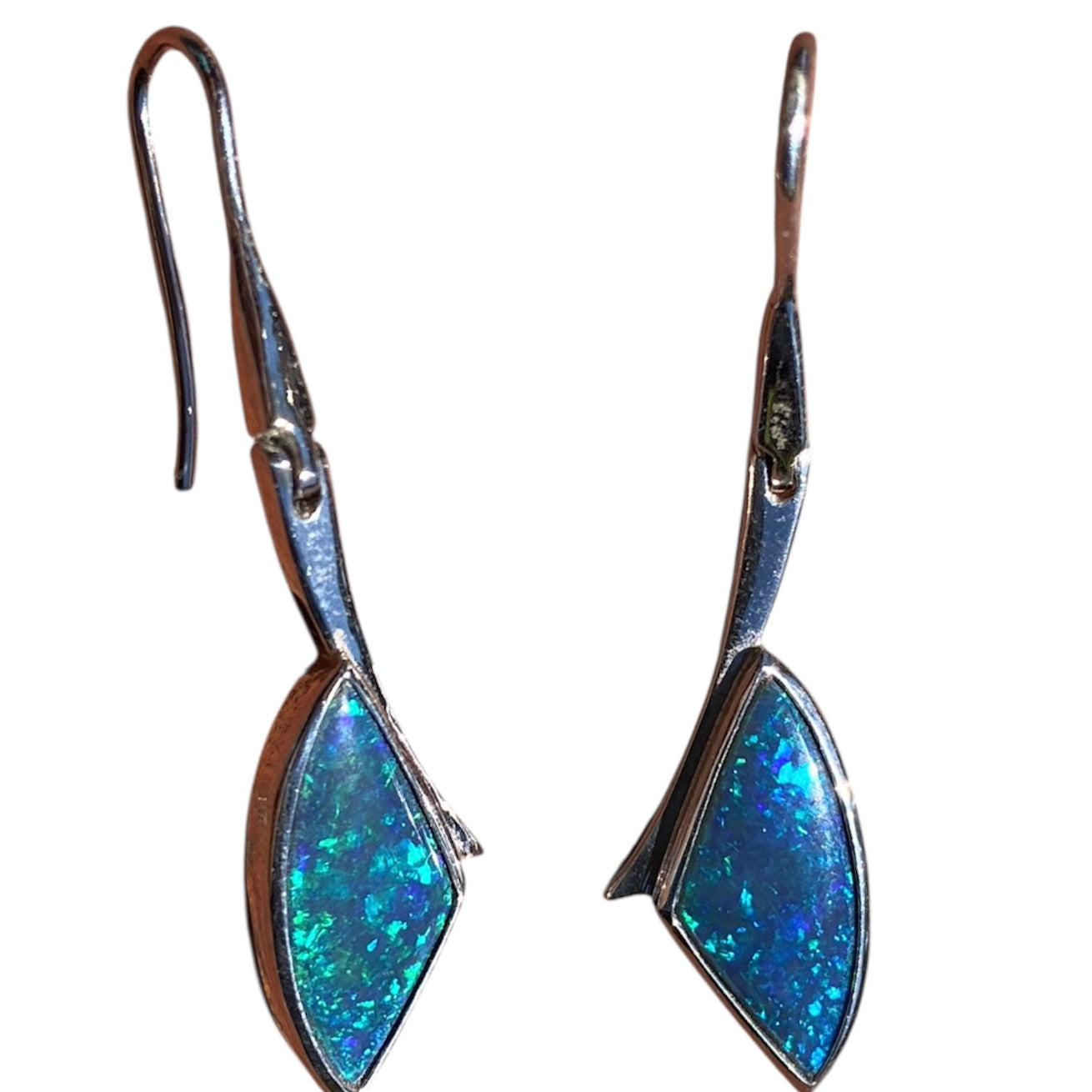 Lightning Ridge Black Opal Articulated Drop Earrings 18K White Gold 6.52ct Natural Australian Opal