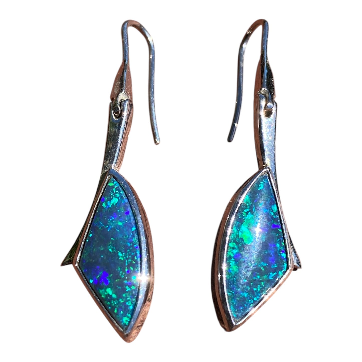 Lightning Ridge Black Opal Articulated Drop Earrings 18K White Gold 6.52ct Natural Australian Opal