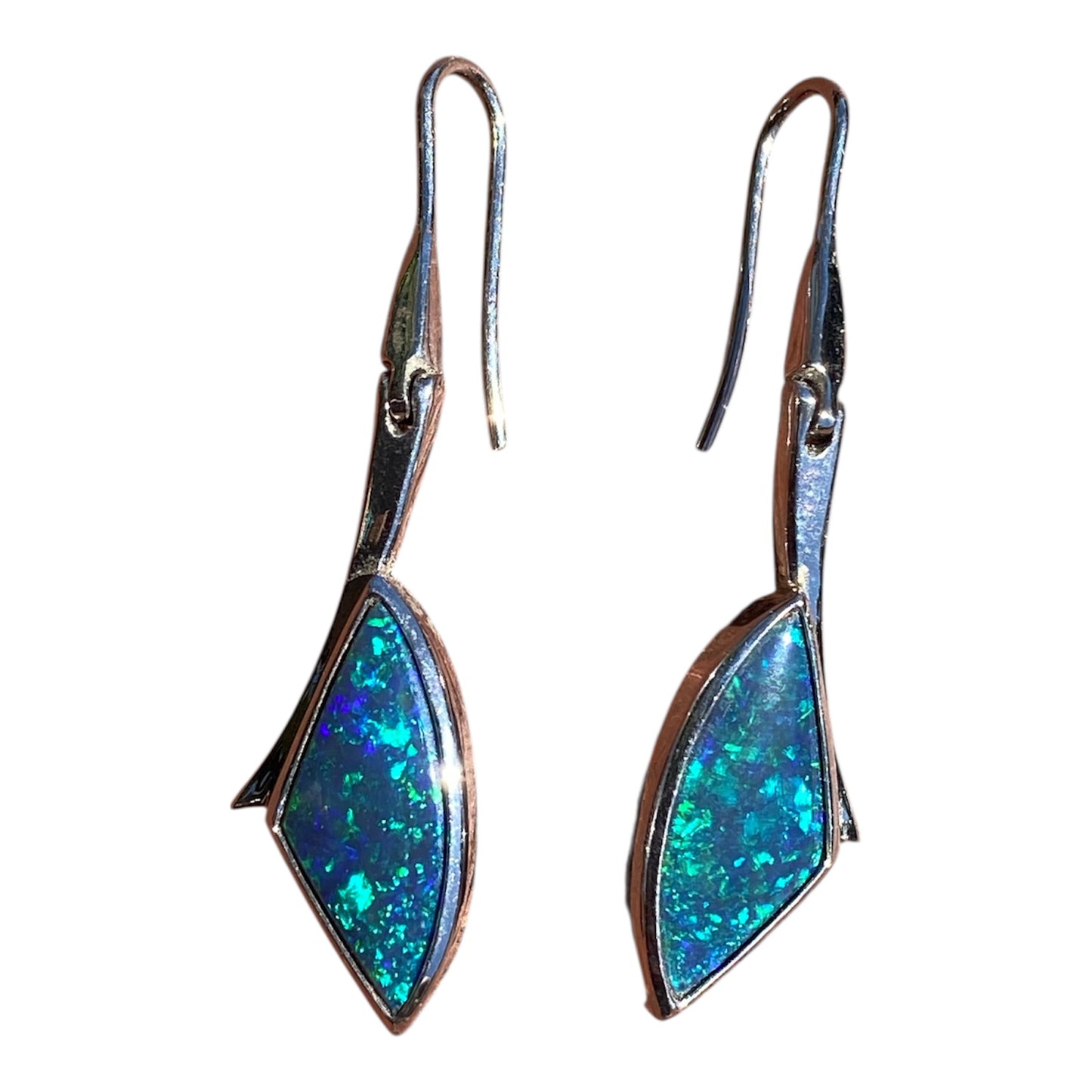 Lightning Ridge Black Opal Articulated Drop Earrings 18K White Gold 6.52ct Natural Australian Opal