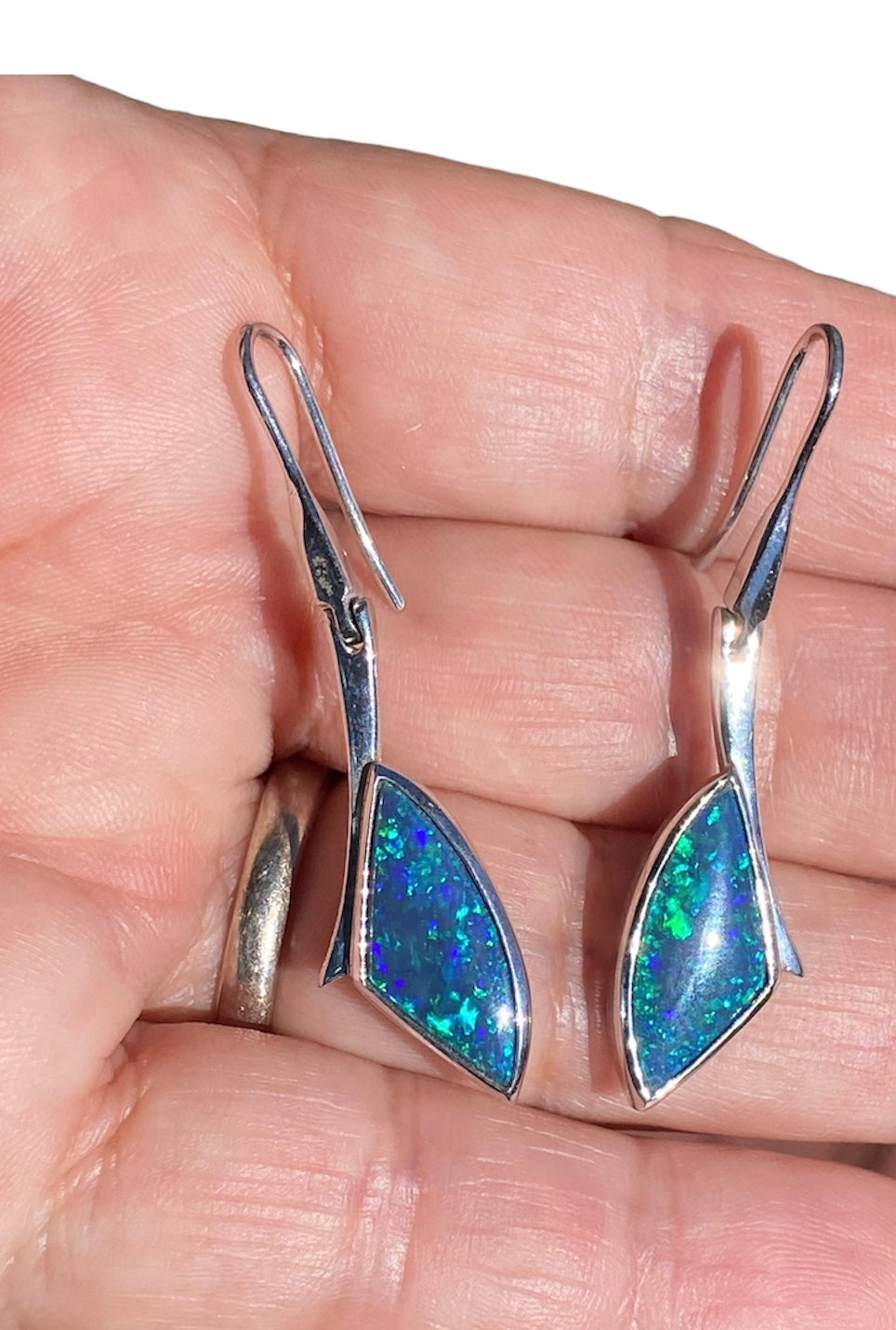 Lightning Ridge Black Opal Articulated Drop Earrings 18K White Gold 6.52ct Natural Australian Opal