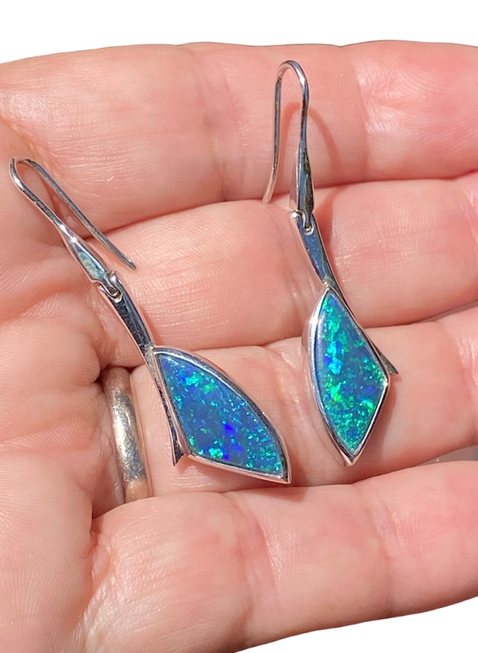 Lightning Ridge Black Opal Articulated Drop Earrings 18K White Gold 6.52ct Natural Australian Opal