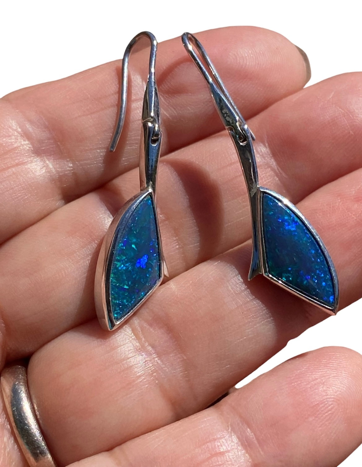 Lightning Ridge Black Opal Articulated Drop Earrings 18K White Gold 6.52ct Natural Australian Opal