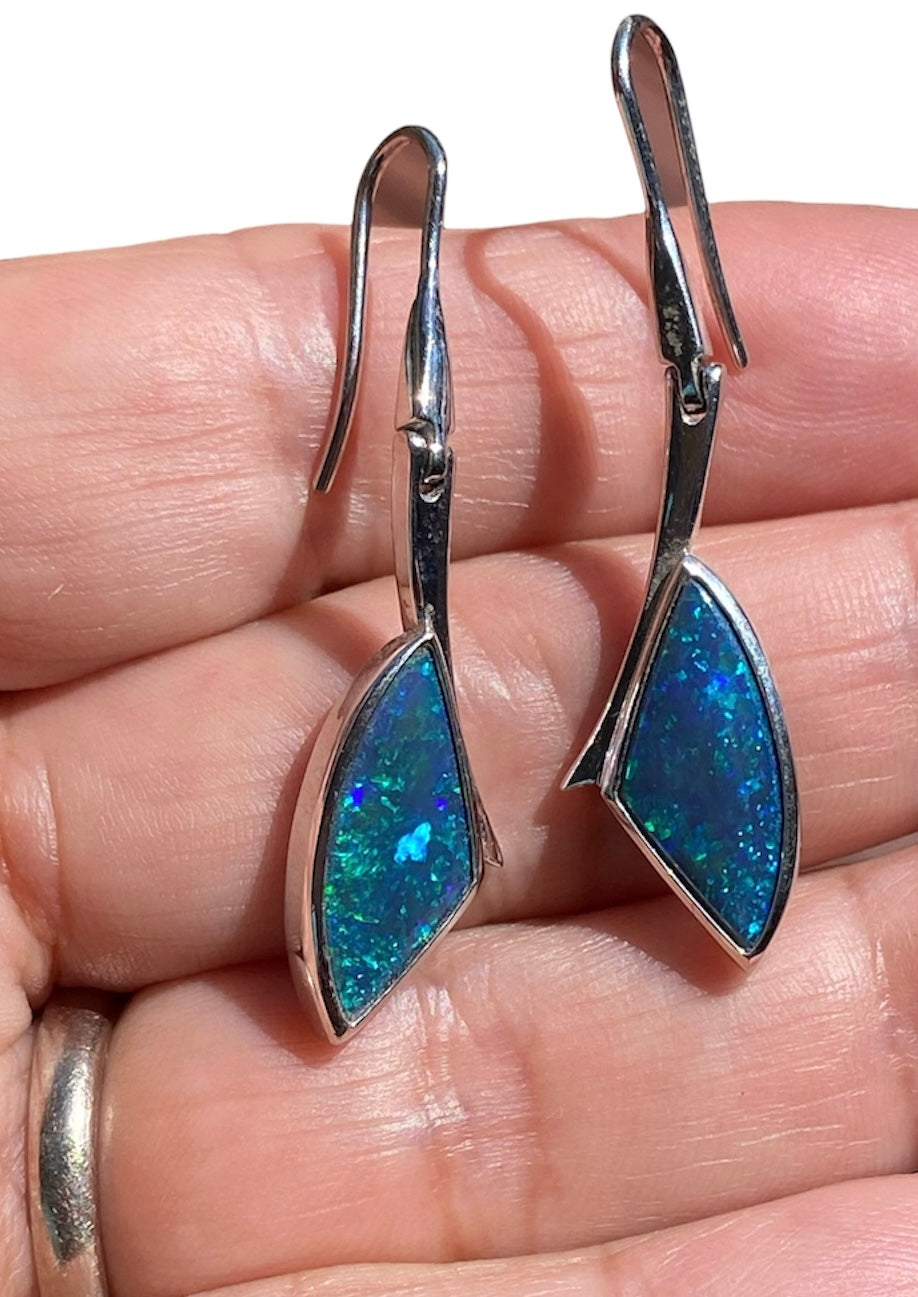 Lightning Ridge Black Opal Articulated Drop Earrings 18K White Gold 6.52ct Natural Australian Opal